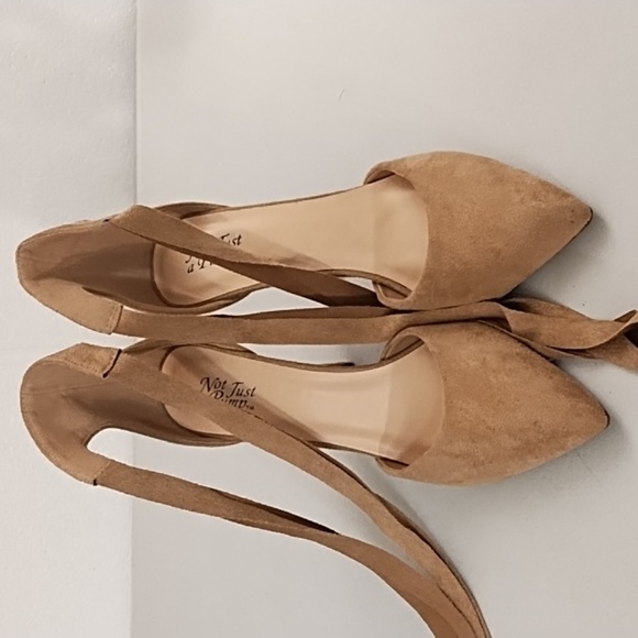 Not Just A Pump 7 Vegan Tan Suede High Heel Ankle Tie Boho Dress Shoe Jean Shoe - Picture 2 of 10